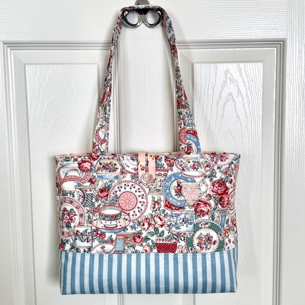 Tea Cups Tote Bag Handmade in USA Pink and Blue Teacups Handmade in USA